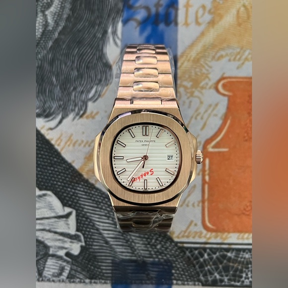 Men’s Luxury Steel Automatic Watch Rose Gold White Dial Nautilus Style 41mm - Picture 2 of 5